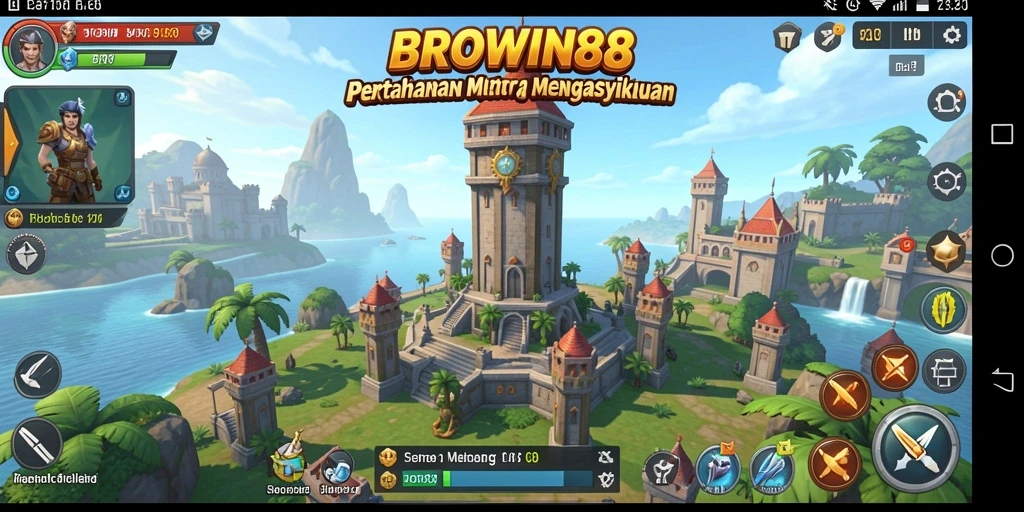 Tangkapan layar gameplay BROWIN88 menunjukkan aksi menara melawan gelombang musuh.