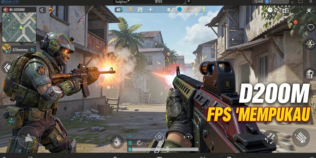 Screenshot menampilkan aksi seru dalam game FPS D200M.