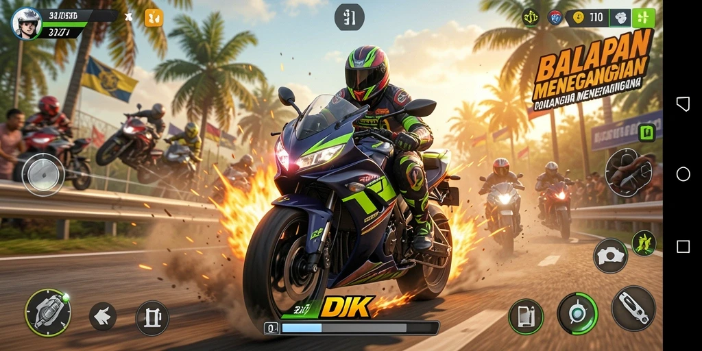 Screenshot DKK menampilkan aksi balapan motor yang intens.