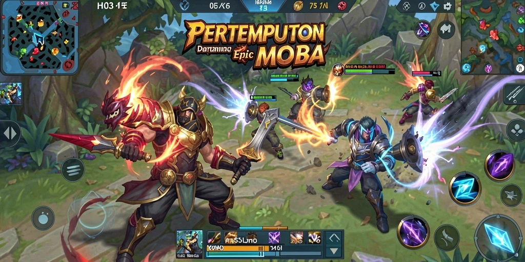 Screenshot H03 menunjukkan aksi pertempuran strategi MOBA yang mendebarkan.