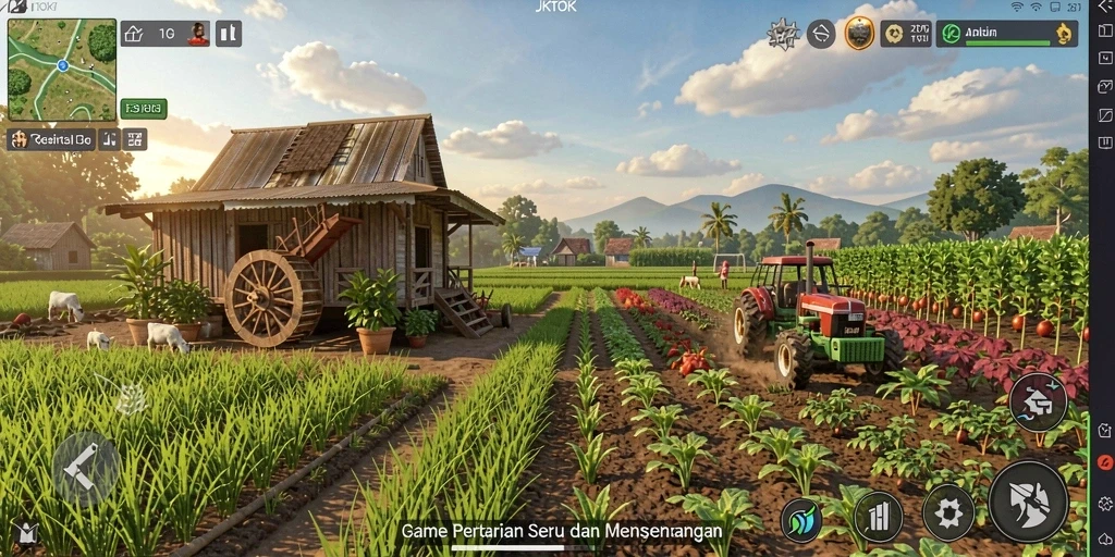 Screenshot gameplay JKTOK yang menampilkan ladang pertanian yang indah.