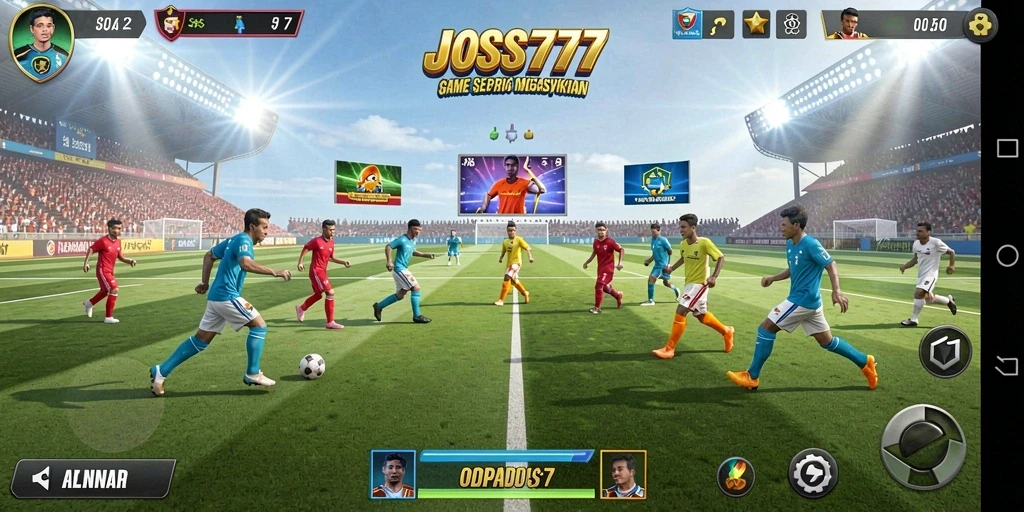 Screenshot JOSS777 menampilkan aksi seru di lapangan sepak bola.