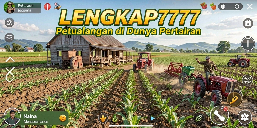 Screenshot gameplay LENGKAP777 yang menampilkan suasana pertanian yang cerah.