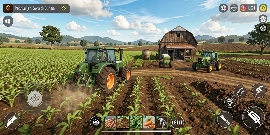 Screenshot gameplay LG111 dengan suasana pertanian yang indah.