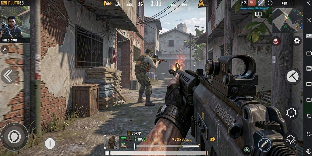 Tangkapan layar gameplay <strong>PLUTO88</strong> yang menunjukkan aksi menembak yang intens.