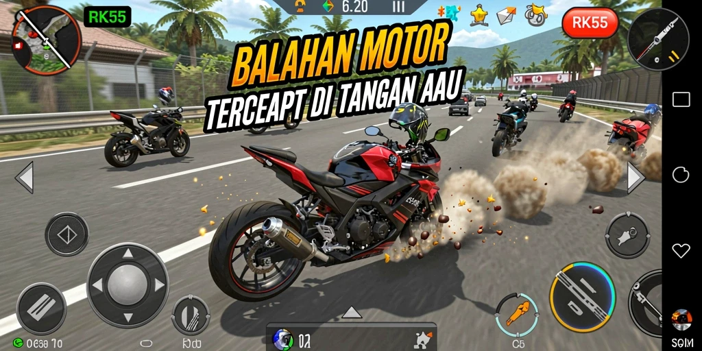 Gameplay RK55 yang seru dengan balapan motor cepat.