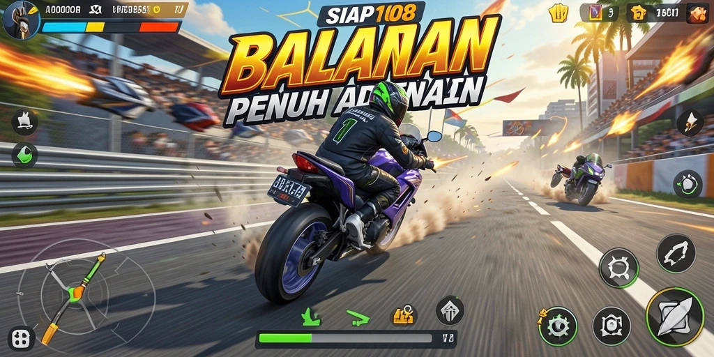 Tampilan gameplay balapan motor yang mendebarkan dan seru.