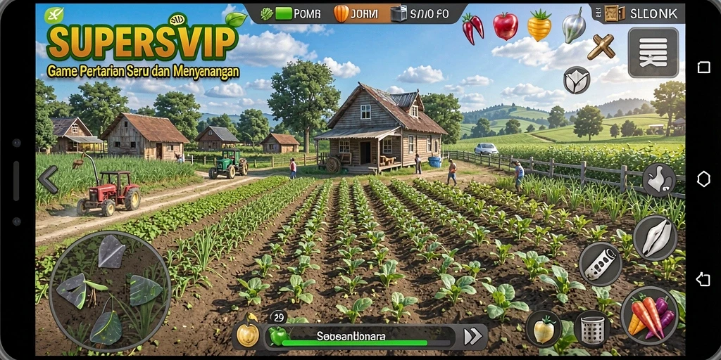 Gameplay SUPERSVIP yang seru dengan aktivitas bertani.
