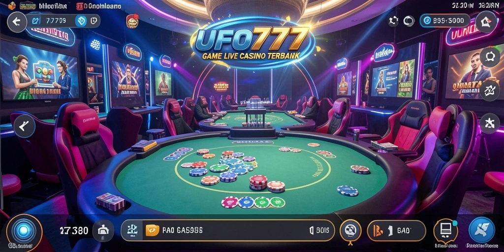 Screenshot permainan UFO777 menampilkan dealer yang sedang melakukan permainan Live Casino.
